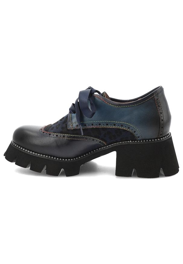 Granatowe Półbuty Laura Vita Stylowe Buty Damskie Premium. Kolor: niebieski. Materiał: skóra. Szerokość cholewki: normalna. Wzór: motyw zwierzęcy, aplikacja. Styl: elegancki