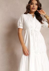 Renee - Biała Haftowana Sukienka Bawełniana ze Ściągaczem w Talii Ineryna. Kolor: biały. Materiał: bawełna. Wzór: haft. Sezon: lato. Styl: boho #3