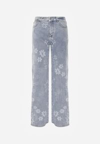 Born2be - Niebieskie Jeansy z Bawełną o Szerokim Kroju Ozdobione Kwiatami Zinnoreth. Stan: podwyższony. Kolor: niebieski. Wzór: aplikacja, kwiaty. Styl: elegancki #4