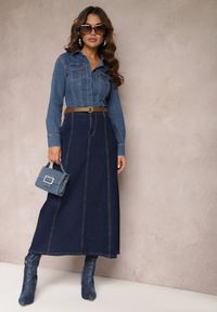 Renee - Granatowa Jeansowa Spódnica Maxi z Regularną Talią i Przeszyciami Bellezza. Kolor: niebieski. Materiał: jeans. Wzór: aplikacja