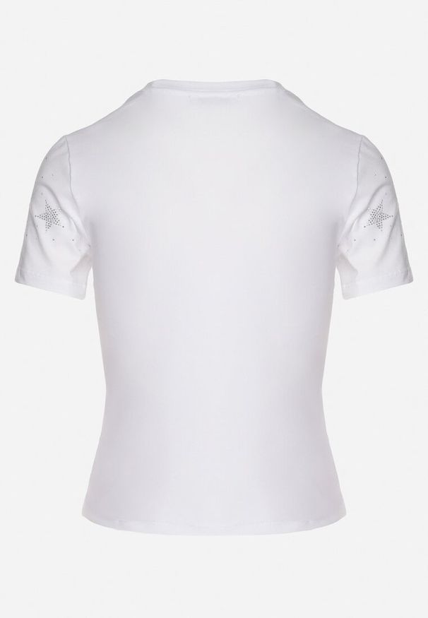 Born2be - Biały Bawełniany T-shirt z Cyrkoniowymi Aplikacjami w Gwiazdki Tenivella. Okazja: na spotkanie biznesowe, do pracy, na co dzień. Kolor: biały. Materiał: bawełna. Wzór: aplikacja. Styl: biznesowy, casual, elegancki