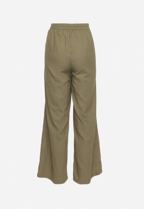 Born2be - Ciemnozielone Spodnie Szerokie z Wysokim Stanem z Bawełny i Lnu Jelolia. Okazja: do pracy, na co dzień, na spotkanie biznesowe. Stan: podwyższony. Kolor: zielony. Materiał: bawełna, len. Styl: casual, klasyczny, biznesowy