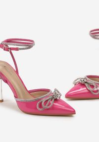 Renee - Fuksjowe Sandały na Szpilce z Ozdobną Kokardką i Paskami w Cyrkonie Vivalai. Zapięcie: pasek. Kolor: różowy. Wzór: aplikacja. Obcas: na szpilce. Styl: wizytowy #4