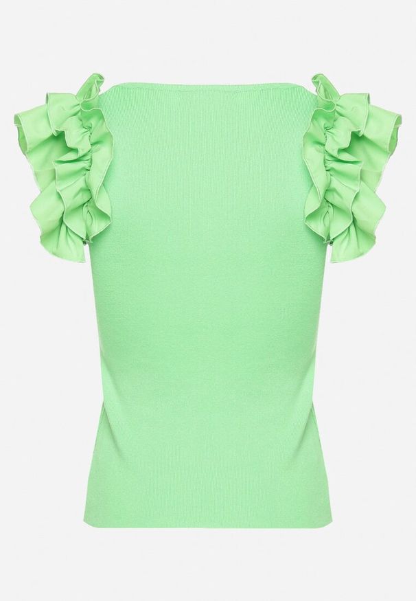 Born2be - Zielony Top z Falbankami przy Ramionach Luciya. Typ kołnierza: kołnierz z falbankami. Kolor: zielony. Materiał: tkanina. Długość rękawa: bez rękawów. Wzór: gładki