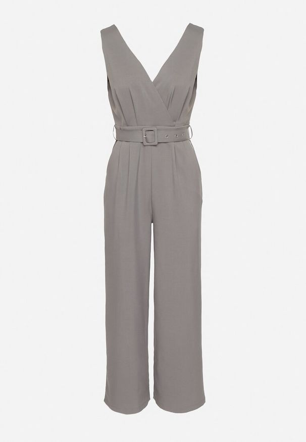Born2be - Szary Kombinezon Taliowany z Kopertowym Dekoltem i Paskiem z Klamrą Ronivae. Okazja: na co dzień. Kolor: szary. Styl: klasyczny, casual, elegancki