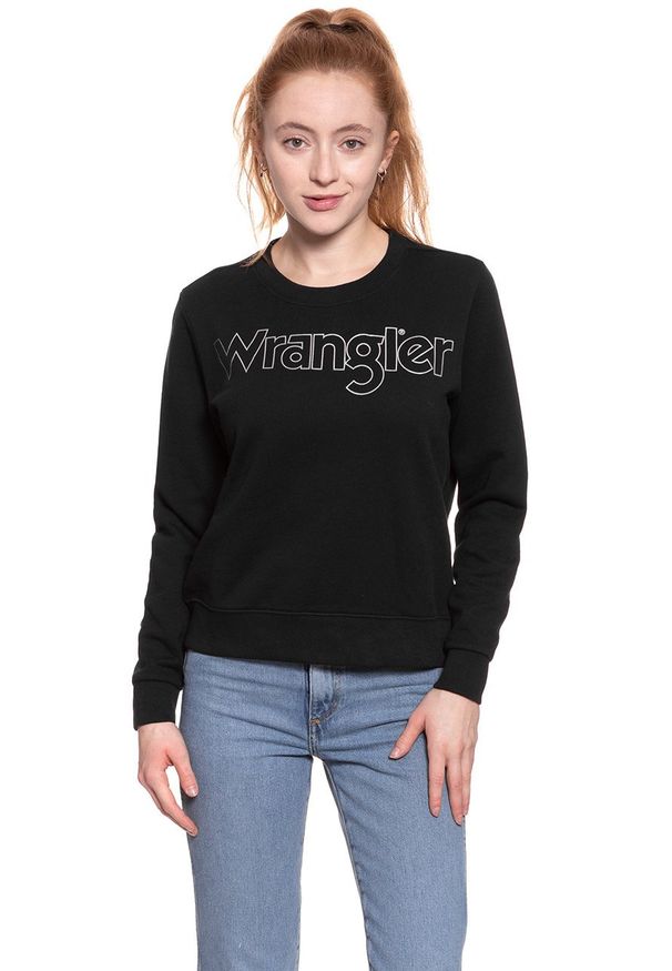 Wrangler - BLUZA WRANGLER DAMSKA CREW SWEAT BLACK W6079HY01. Typ kołnierza: bez kaptura. Materiał: bawełna, guma, prążkowany. Wzór: napisy, nadruk