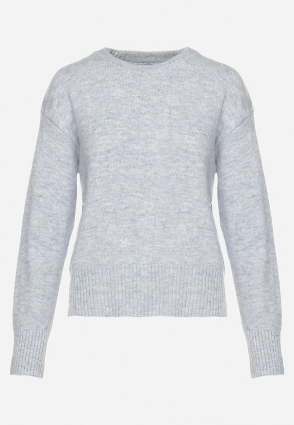 Born2be - Jasnoniebieski Sweter o Klasycznym Fasonie z Wełną Avartissa. Kolor: niebieski. Materiał: wełna. Wzór: geometria, aplikacja. Styl: klasyczny