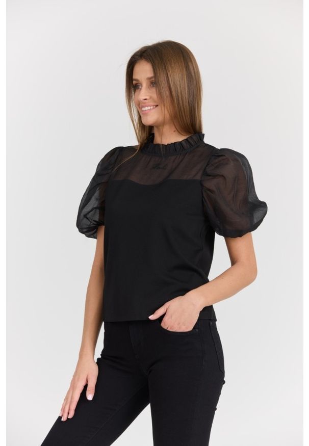 Karl Lagerfeld - KARL LAGERFELD Czarny damski elegancki t-shirt Organza Mix Top. Okazja: na co dzień. Kolor: czarny. Materiał: materiał, wiskoza, poliester, elastan. Długość rękawa: krótki rękaw. Długość: krótkie. Styl: elegancki