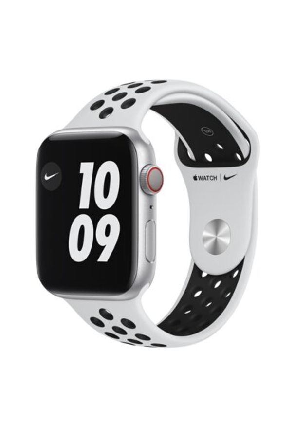 APPLE Watch 6 Cellular Nike 44mm (Srebrny z opaską sportową w kolorze czarnym). Rodzaj zegarka: smartwatch. Kolor: srebrny, czarny, wielokolorowy. Materiał: poliester, nylon, guma, materiał. Styl: sportowy
