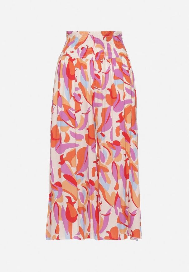 Born2be - Beżowo-Różowe Wiskozowe Spodnie z Wysokim Stanem i Gumką w Talii Apadoria. Okazja: na co dzień. Stan: podwyższony. Kolor: beżowy. Materiał: wiskoza. Styl: klasyczny, casual, elegancki