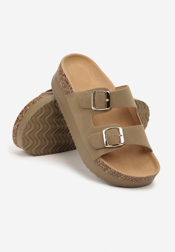 Born2be - Ciemnobeżowe Klapki na Grubej Podeszwie z Dwoma Paskami Dolarielle. Okazja: na co dzień. Kolor: beżowy. Materiał: jeans. Wzór: paski. Sezon: lato. Styl: klasyczny, casual