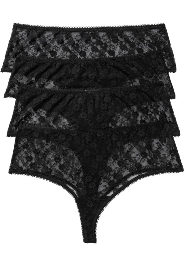 bonprix - Stringi panty z koronki (4 pary). Kolor: czarny. Materiał: koronka. Wzór: koronka