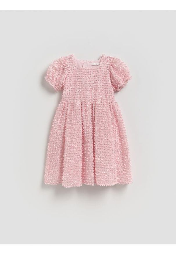 Reserved - Sukienka z bufiastymi rękawami - pastelowy róż. Kolor: różowy. Materiał: materiał