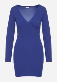 Born2be - Niebieska Sukienka o Dopasowanym Kroju z Kopertowym Dekoltem Ermellia. Okazja: na randkę, na ślub cywilny, na wesele. Typ kołnierza: dekolt kopertowy. Kolor: niebieski. Materiał: skóra. Długość rękawa: długi rękaw. Typ sukienki: kopertowe. Styl: klasyczny, glamour, elegancki #6