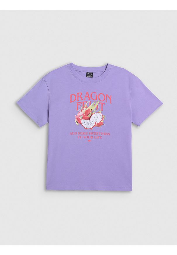 4f - 4F T-shirt loose z nadrukiem damski - fioletowy XS. Okazja: na co dzień. Kolor: fioletowy. Materiał: materiał, bawełna, dzianina. Wzór: nadruk. Styl: casual