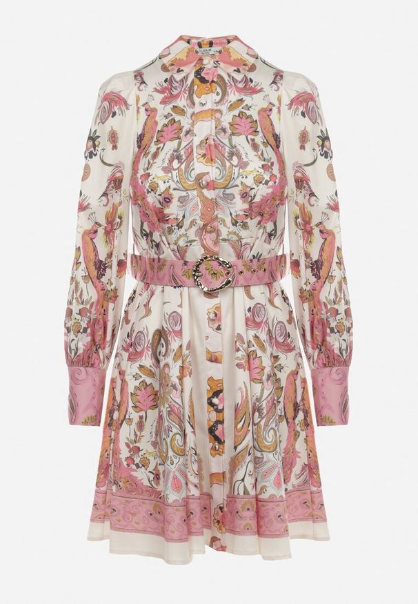 Born2be - Jasnobeżowa Koszulowa Sukienka z Paskiem Lorias. Kolor: beżowy. Materiał: tkanina, satyna. Wzór: nadruk. Typ sukienki: koszulowe. Długość: mini