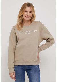 TOMMY HILFIGER - Tommy Hilfiger bluza damska kolor beżowy. Kolor: beżowy. Materiał: bawełna. Wzór: nadruk. Styl: klasyczny #3