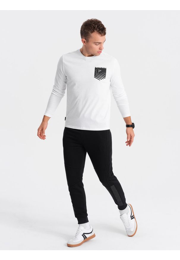 Ombre Clothing - Longsleeve męski z printem w kształcie kieszonki - biały V1 OM-LSPT-0118 - XXL. Kolor: biały. Materiał: bawełna. Długość rękawa: długi rękaw. Długość: długie. Wzór: nadruk