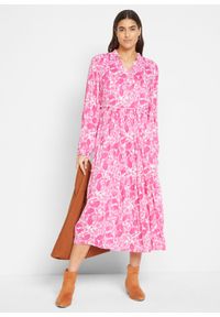bonprix - Lekka sukienka midi z kreszowanej wiskozy z falbanami i kieszeniami. Kolor: różowy. Materiał: wiskoza. Długość: midi #1
