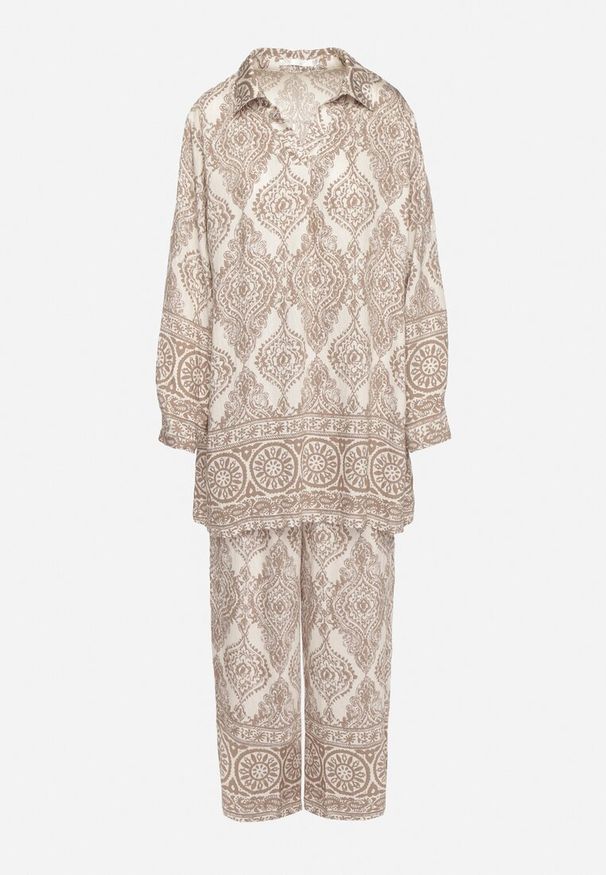 Born2be - Ciemnobeżowy Komplet Oversize z Wiskozą w Etniczny Wzór Szerokie Spodnie i Koszula Nilamiella. Kolor: beżowy. Materiał: wiskoza