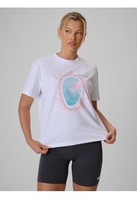 4f - 4F T-shirt loose z nadrukiem damski - biały XS. Okazja: na co dzień, na spacer, do pracy. Kolor: biały. Materiał: bawełna, dzianina. Wzór: nadruk. Styl: casual, klasyczny #1