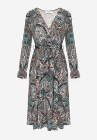 Born2be - Zielona Sukienka z Gumką w Pasie i Wzorem Paisley Faendra. Kolor: zielony. Materiał: materiał. Długość rękawa: długi rękaw. Wzór: paisley. Typ sukienki: kopertowe #7