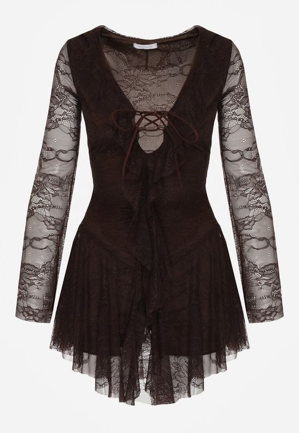 Born2be - Brązowa Koronkowa Sukienka Wieczorowa z Wiązaniem przy Dekolcie Ferolena. Okazja: na imprezę. Kolor: brązowy. Materiał: koronka. Styl: wizytowy