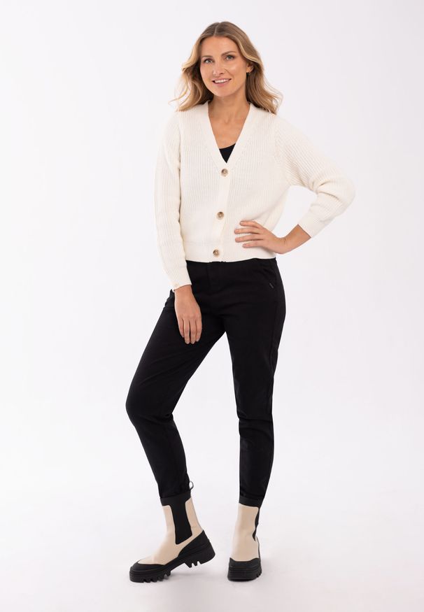 Volcano - Krótki kardigan S-MELA. Typ kołnierza: dekolt w kształcie V. Materiał: akryl, bawełna, materiał. Długość: krótkie. Wzór: ze splotem