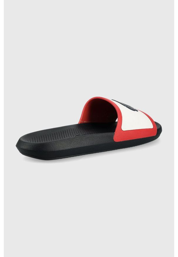 Lacoste klapki CROCO SLIDE TRI 2 męskie kolor granatowy. Kolor: niebieski. Materiał: materiał, guma. Obcas: na obcasie. Wysokość obcasa: niski