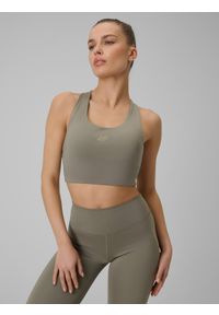 4f - 4F Biustonosz treningowy z niskim wsparciem damski - oliwkowy XS. Kolor: oliwkowy, brązowy, wielokolorowy. Materiał: guma, włókno. Rodzaj stanika: wyciągane miseczki. Sport: fitness, joga i pilates #1