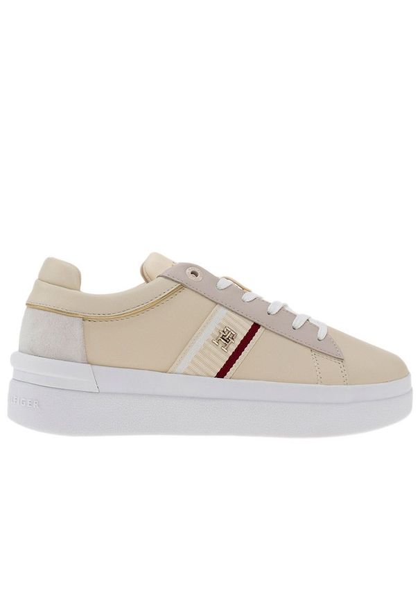 TOMMY HILFIGER - Buty Tommy Hilfiger Corp Webbing Court Sneaker FW0FW07387-AA8 - beżowe. Zapięcie: sznurówki. Kolor: beżowy. Materiał: guma, skóra, kauczuk. Szerokość cholewki: normalna. Wzór: aplikacja
