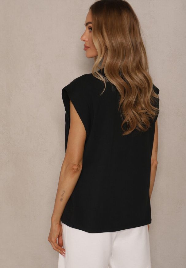 Renee - Czarny Top z Bawełny Ozdobiony Falbanką Galanetia. Okazja: na spacer, na co dzień. Kolor: czarny. Materiał: bawełna. Wzór: aplikacja. Styl: casual, klasyczny