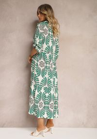 Renee - Zielono-Biała Wiskozowa Sukienka Zapinana na Guziki z Regulowanymi Rękawami Biatalia. Okazja: na spacer, na co dzień, na imprezę. Kolor: zielony. Materiał: wiskoza. Styl: elegancki, casual