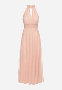 Born2be - Różowa Wieczorowa Sukienka ze Stójką Wiązana w Talii Ozdobiona Siateczką Nestasoni. Okazja: na imprezę. Typ kołnierza: kołnierzyk stójkowy. Kolor: różowy. Materiał: satyna. Długość rękawa: bez rękawów. Wzór: aplikacja. Styl: wizytowy #2