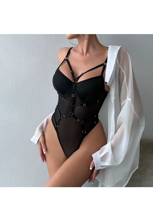 Intica - Body z motywem harness na specjalne okazje Theresina. Kolor: czarny. Materiał: materiał