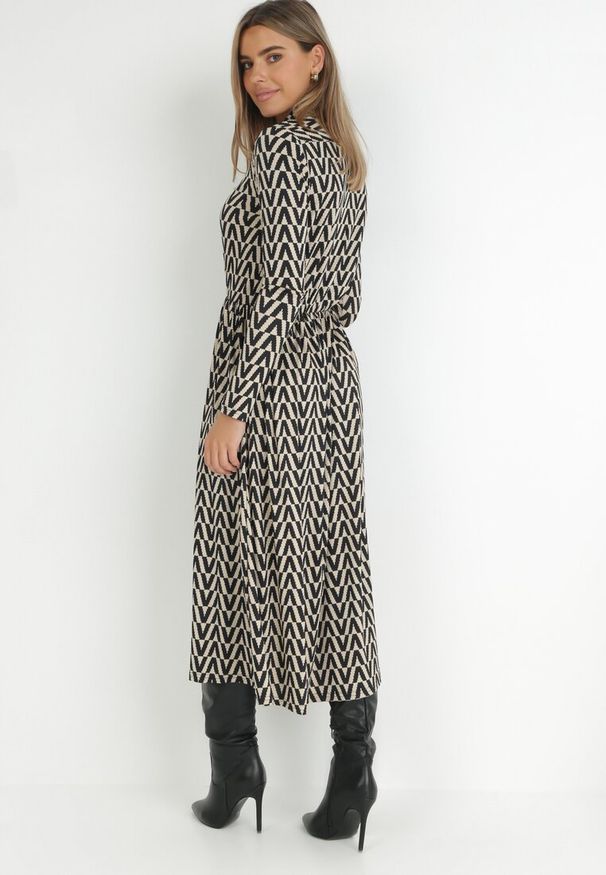 Born2be - Beżowo-Czarna Sukienka w Tygrysie Paski Chalmo. Okazja: na co dzień. Typ kołnierza: dekolt w serek. Kolor: beżowy. Długość rękawa: długi rękaw. Wzór: paski. Typ sukienki: proste. Styl: casual, klasyczny