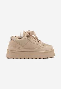 Born2be - Ciemnobeżowe Sznurowane Śniegowce Sneakersy na Grubej Podeszwie Vamitte. Okazja: na co dzień, na spacer. Kolor: beżowy. Materiał: jeans, futro. Styl: klasyczny, sportowy, casual