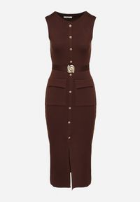 Born2be - Brązowa Elegancka Sukienka Ołówkowa z Dzianiny z Wiskozą z Guzikami i Paskiem Ezerria. Okazja: do pracy, na co dzień. Kolor: brązowy. Materiał: dzianina, wiskoza. Wzór: aplikacja. Typ sukienki: ołówkowe. Styl: elegancki #5