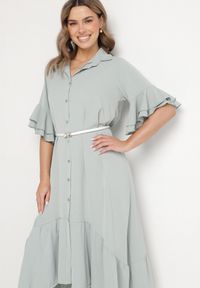 Born2be - Jasnozielona Sukienka Koszulowa z Ozdobną Falbanką Daviravie. Okazja: na co dzień. Kolor: zielony. Typ sukienki: koszulowe. Styl: klasyczny, casual, elegancki #7