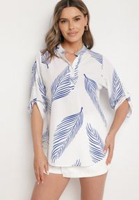 Born2be - Biało-Niebieska Koszula z Bawełną we Wzór Liści Lumavaie. Okazja: na co dzień. Kolor: niebieski. Materiał: bawełna. Styl: elegancki, casual #3