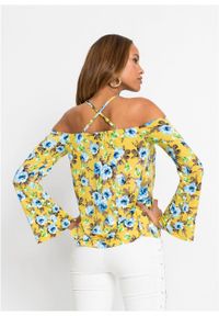 Shirt z szydełkową koronką bonprix żółto-niebieski w kwiaty. Kolor: żółty. Materiał: koronka. Wzór: kwiaty, koronka #5
