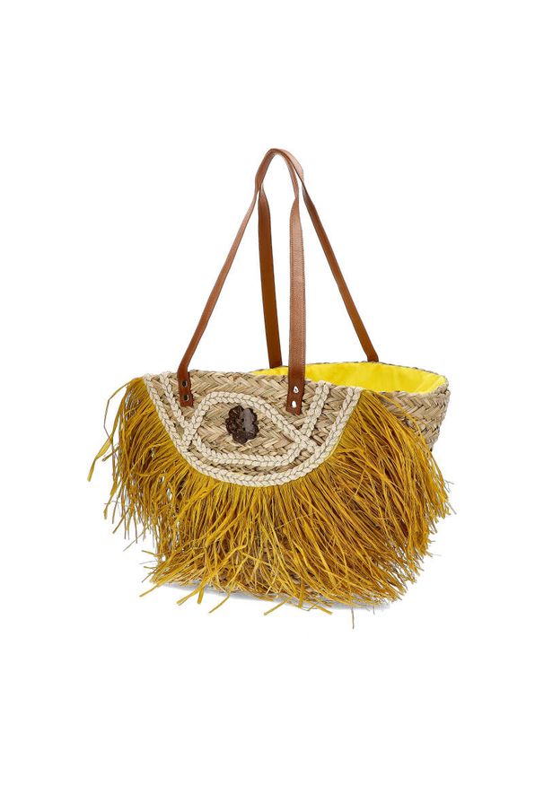 Sca'viola - Żółta Torebka Damska Sca'Viola Elegancki Koszyk Boho. Kolor: żółty. Sezon: lato. Dodatki: z frędzlami. Materiał: skórzane. Styl: boho, elegancki