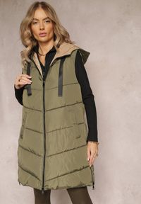 Renee - Zielona Długa Kamizelka z Kapturem Dwustronna Lurenta. Typ kołnierza: kaptur. Kolekcja: plus size. Kolor: zielony. Długość: długie #3