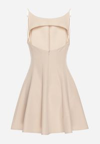 Born2be - Beżowa Rozkloszowana Sukienka Ozdobiona Przeszyciami Kinetela. Okazja: na imprezę, na co dzień. Kolor: beżowy. Materiał: skóra. Wzór: aplikacja. Styl: casual, elegancki #2