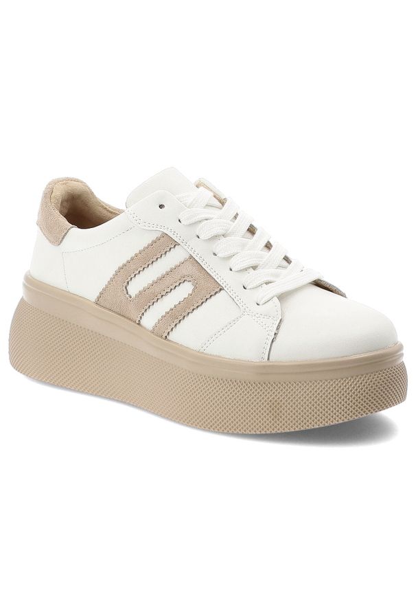 Sneakersy damskie Filippo, cholewka ze skóry naturalnej sznurowane na platformie sportowy wygląda, beżowe, DP7175/26. Okazja: na co dzień. Zapięcie: sznurówki. Kolor: biały. Materiał: skóra. Szerokość cholewki: normalna. Obcas: na platformie. Styl: sportowy