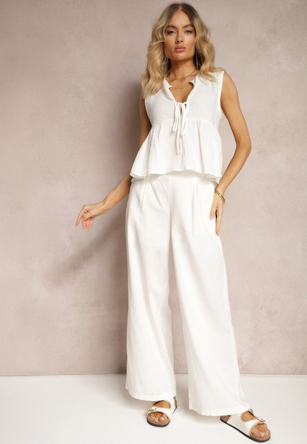 Renee - Białe Spodnie z Bawełny i Lnem High Waist Kolalia. Okazja: do pracy, na spacer, na co dzień, na spotkanie biznesowe. Stan: podwyższony. Kolor: biały. Materiał: bawełna, len. Sezon: lato. Styl: casual, klasyczny, biznesowy