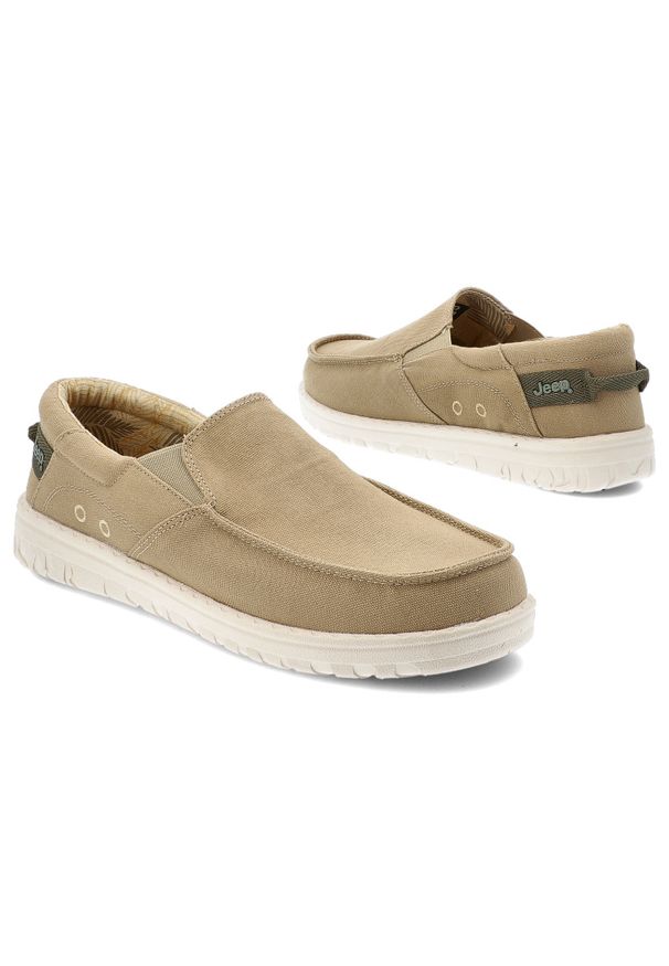 Beżowe Półbuty Jeep Wsuwane Obuwie Męskie. Okazja: na co dzień. Zapięcie: bez zapięcia. Kolor: beżowy. Materiał: jeans, materiał. Styl: casual