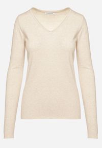 Born2be - Beżowy Sweter Klasyczny z Trójkątnym Dekoltem z Domieszką Kaszmiru Taielle. Okazja: na co dzień, do pracy. Kolor: beżowy. Materiał: kaszmir. Styl: klasyczny #5