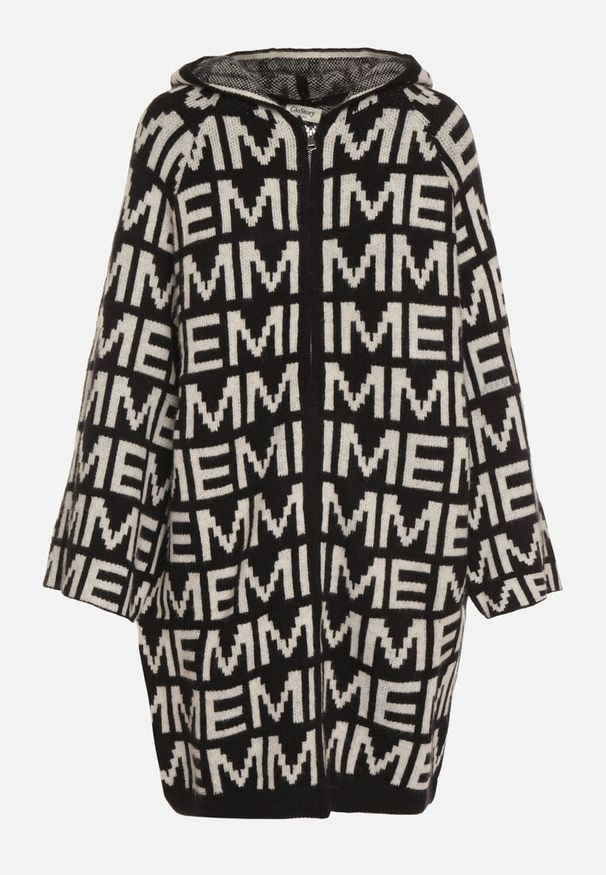 Born2be - Czarno-Biały Rozpinany Kardigan z Kapturem z Motywem Liter Belletusa. Okazja: na co dzień. Typ kołnierza: kaptur. Kolor: czarny. Materiał: jeans. Styl: casual