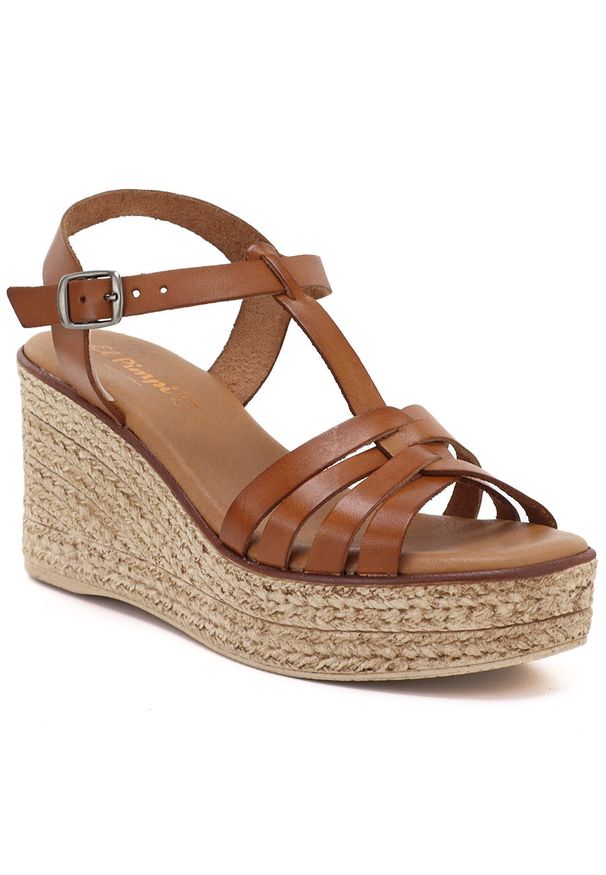 Skórzane sandały na koturnie camel El Pimpi 7002. Materiał: skóra. Obcas: na koturnie. Styl: elegancki